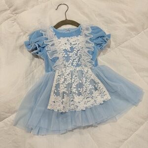 Alice Baby Girl Blue Dress with White Lace Details